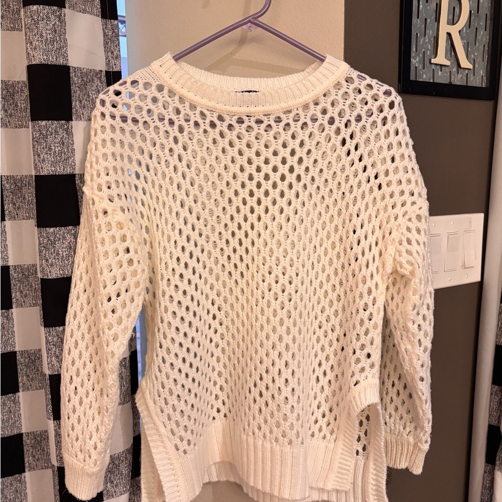 White Crew Neck Open-Knit Sweater